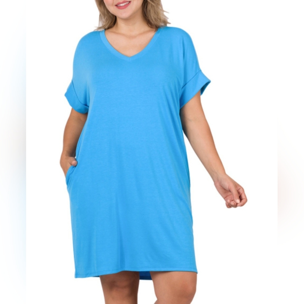 Zenana Plus Sky Blue V-Neck Rolled Short Sleeve Dress with Pockets